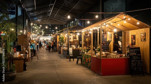 A pop-up bazaar with temporary stalls selling artisanal goods, street food, and handmade crafts