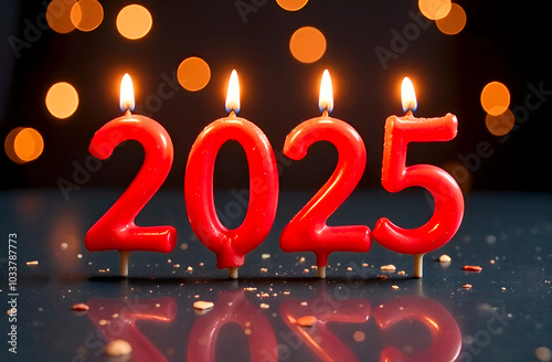 Volumetric numbers "2025" made of burning candles on a festive blurred golden background with bokeh