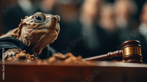 A turtle dressed as a judge presides over the courtroom, exuding calm authority and wisdom, embodying the quirks and gravity of justice in an animal form.