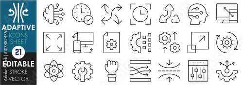 A set of line icons related to Adaptive. Dynamic, Customization, Transformation, Upgrade, scalability, Responsive, Real-time Adjustment, and so on. Vector editable stroke.