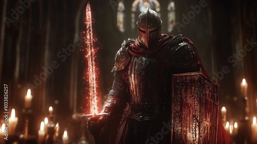 A holy knight holding a glowing sword and a shield, in the Middle Ages style.