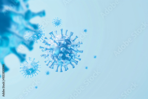 Blue Covid, respiratory virus molecules, on a blue background, in the air. Banner 3d seasonal flu, rotavirus, pandemic and epidemic formation, advertising and news copyspace