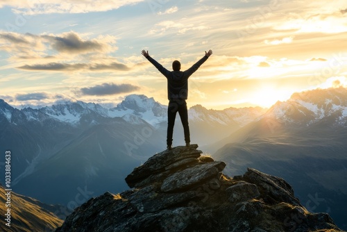 A man stands on a mountain peak, arms outstretched in triumph, gazing at a stunning sunrise over a range of majestic mountains, symbolizing adventure and fulfillment.