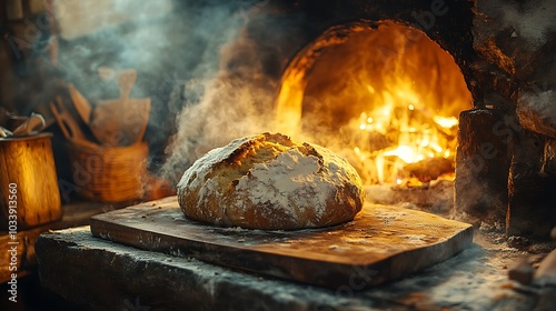 Soda bread baking in a traditional Irish hearth oven, the golden crust forming as the bread rises. The rustic stone kitchen is warmly illuminated by the soft glow of the fire, creating a cozy,