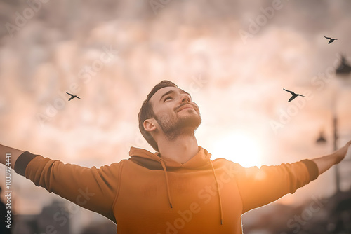 Happy man thinking felling depression energy mission on background. Christian realization pray happy freedom worship praise god. Strength courage self confident good life for yourself concept