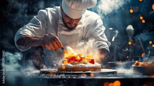 A chef is preparing a cake in a restaurant kitchen