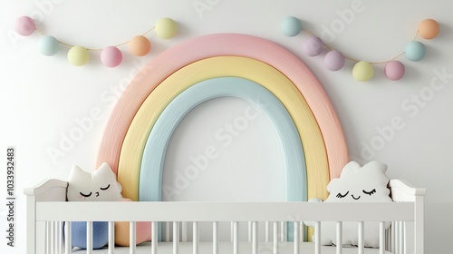 Rainbowcolored garland over baby crib, playful decor, 3D illustration