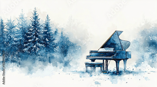 A piano sits in a winter forest, hand drawn in blue ink