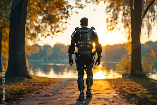 Man Walking More Strong And Helpfull Metal Armor Suit Futuristic Design