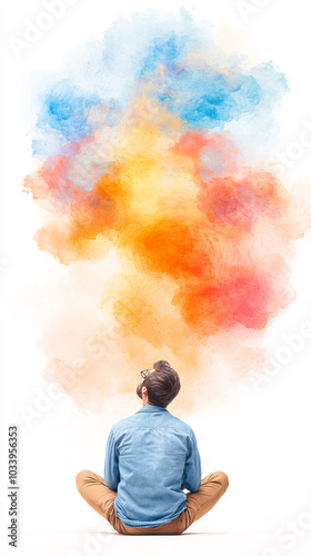 This image captures a man sitting in a reflective pose gazing upwards at a cloud of vibrant colors. The abstract visual symbolizes creativity