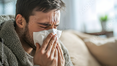 Portrait of a sick man sneeze and snort his nose out, man with infection or a alergic reaction blow his nose with a tissue out.