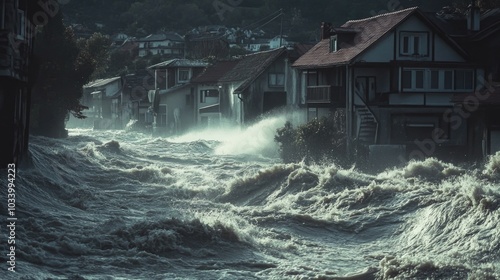 A large wave crashes over a city street, flooding the area