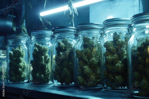 A collection of glass jars filled with dried marijuana