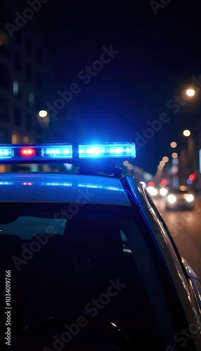 Close-up of a blue siren on a police vehicle, symbolizing danger on the street. Perfect for themes related to law enforcement, emergency response, and urban safety