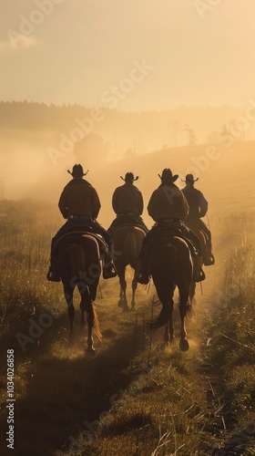 Four cowboys on horses ride through a field at sunrise/sunset. The scene is enhanced by yellow/orange hues, long shadows, and western ambiance.