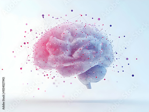 Flat Neuro Linked Campaign Strategy Mapping Concept: 3D Brain Network Visualized with Interconnected Campaign Elements and Strategy Data Points in Simple Flat Vector Illustration