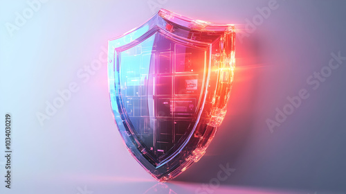 3D Holographic Election Security Shield Concept: Close-Up Glowing Shield Symbolizing Integrity with Rotating Features & Encryption Symbols Isolated on White Background