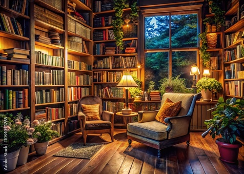 Cozy and Chaotic Bookstore Interior with Stacked Books in Low Light Photography