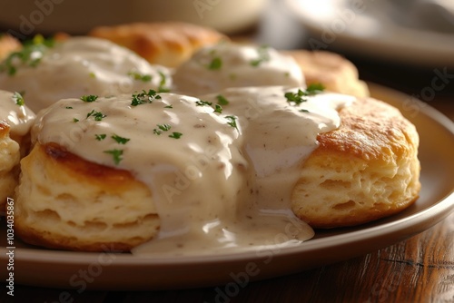 A plate of biscuits served with a rich and savory gravy sauce