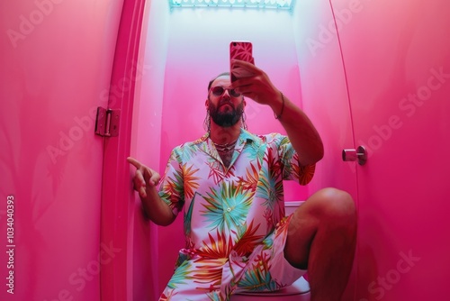 A person sitting on a toilet taking a self-portrait with their smartphone