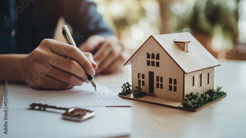 person signs a real estate contract with a miniature house and keys on the table, symbolizing property purchase, home ownership, or real estate investment.