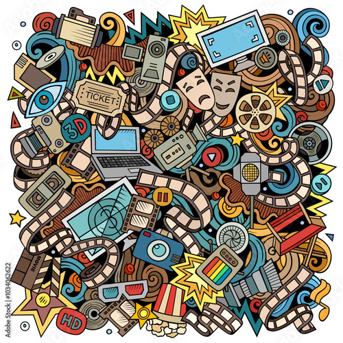 Cinema cartoon vector doodle design. Detailed composition with lot of movie objects and symbols. 