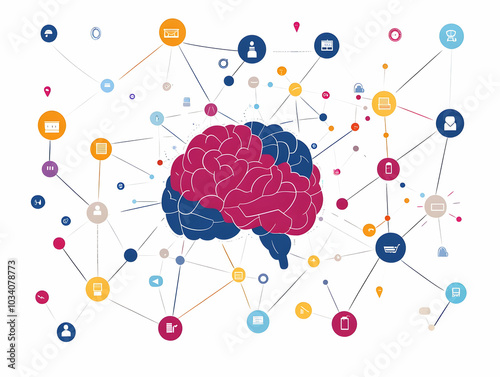 Flat Neuro Linked Campaign Strategy Mapping Concept: 3D Brain Network Visualization, Synapse Journey Revealing Interconnected Elements, Isolated on White Background with Key Strategy Data Points - Sim