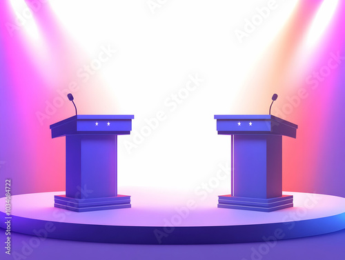 Flat Holographic Candidate Debate Podiums Concept: Two Empty Holographic Podiums on Stage, Glow with Party Colors, Space for Candidate Names, Vector Illustration