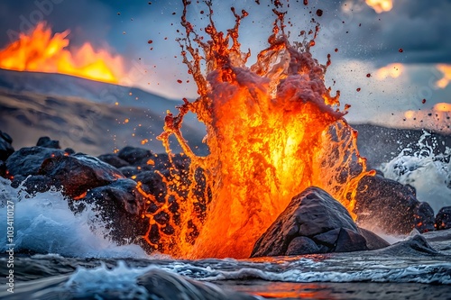 Hot lava liquid splash contact sea water closeup