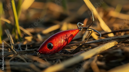 Red fishing lure resting on dry grass at sunset