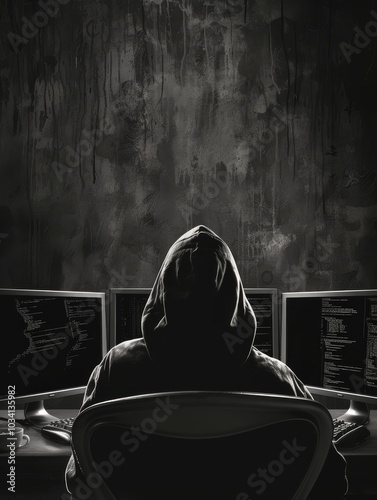 Hooded figure in front of multiple monitors displaying falling green matrix code, concept of cyber security and hacking.