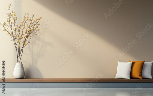 Elegant minimalist interior with a simple vase, decorative branches, and cushions on a wooden ledge