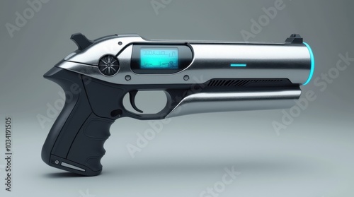 A compact high-tech laser pistol featuring a sleek metallic chrome finish that gleams under the light. The design incorporates glowing blue accents along the barrel and grip.