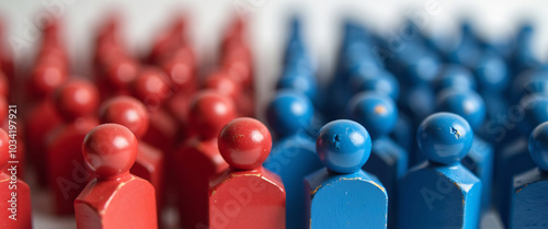 Painted red and blue wooden figures grouped together, symbolizing the divide between political parties or ideologies.