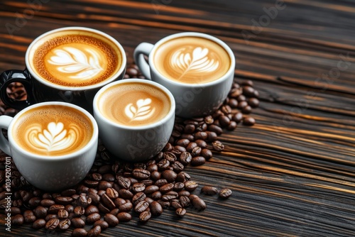 Cups of freshly brewed coffee on a wooden table, surrounded by roasted beans