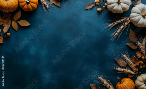 Pumpkins, leaves, and wheat stalks frame a blue background. Thanksgiving day 