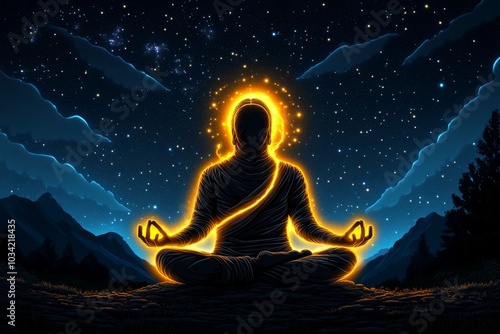 Pixelated figure meditating under a starry sky, with glowing auras forming around them