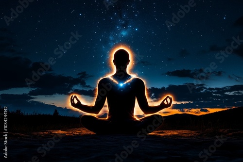 Pixelated figure meditating under a starry sky, with glowing auras forming around them