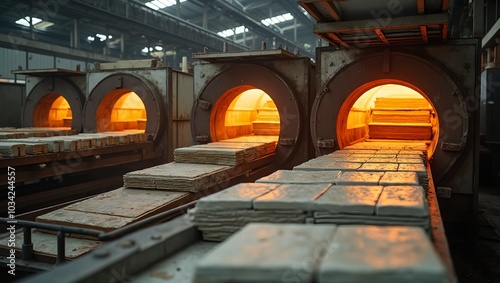 Industrial ovens baking ceramic tiles with conveyor belts and warm orange glow