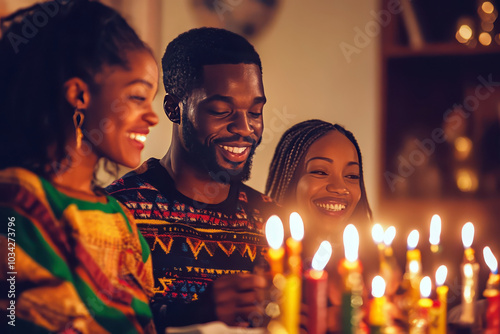 Happy Kwanzaa. Smiling African-American family at the festive table with candles. Annual celebration of African-American culture