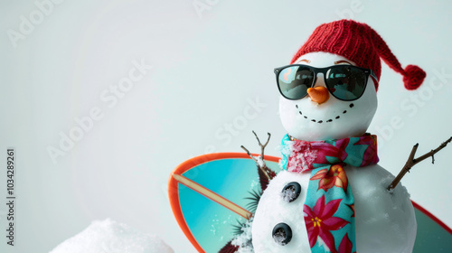 Snowman with sunglasses and surfboard in festive winter beach theme