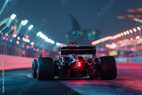 Sleek Formula 1 race car speeding on the illuminated Qatar circuit at night, showcasing high-performance engineering and thrilling motorsport atmosphere under bright lights.