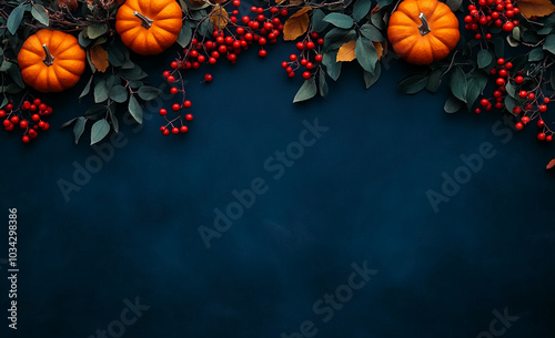 Three pumpkins and red berries adorn a blue backdrop, creating a seasonal and decorative arrangement. Thanksgiving day 