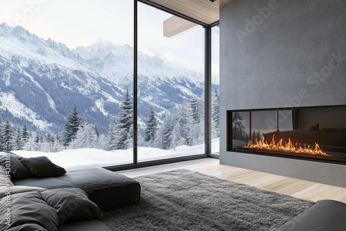 Modern fireplace recessed into the wall of a luxury mountain cabin, with panoramic views of snowy peaks.