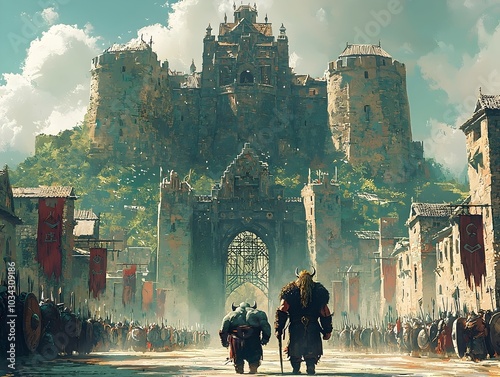 A large army marches towards a towering castle, led by a Viking warrior and a hulking ogre.