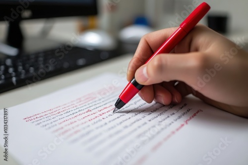 Hand holding a red pen, making corrections on a document.