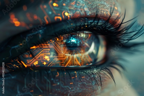 The close-up of a human eye showcases complex orange circuitry reflections within the iris, symbolizing the fusion of technology and humanity in an evocative manner.