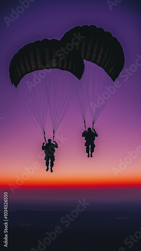 Parachutists Descending at Sunset