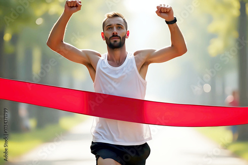 Marathon runner crossing the finish line, breaking the red tape. The sunlit street adds a sense of accomplishment and excitement.