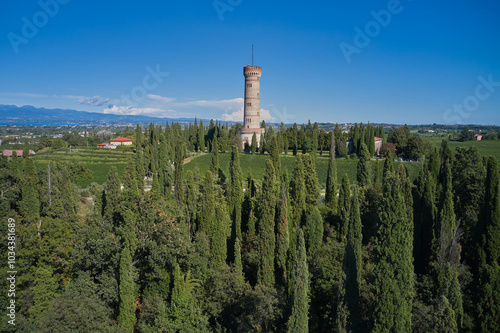 Famous round tower of San Martino della Battaglia on Lake Garda in Italy with vineyards and cypress trees in the background, aerial view. Italian tower, vineyard plantations.